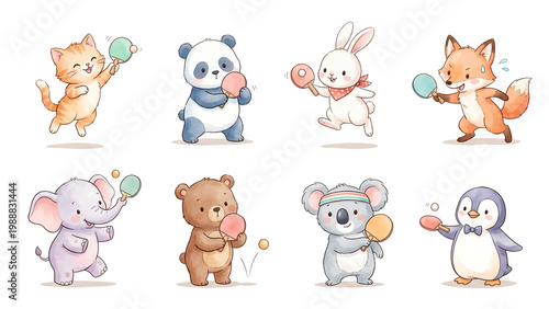 Collection Set of Funny cartoon vector icon set illustration of a cute baby animal character playing table tennis with sport featuring an animal icon collection watercolor pastel style Sticker Design