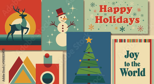 Vintage holiday cards with festive designs.