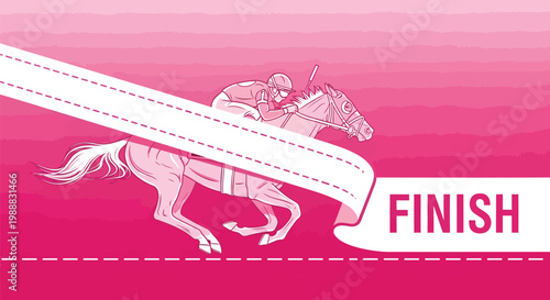 Horse racing finish line vector, jockey riding thoroughbred horse crossing ribbon, pink monochromatic equestrian sports competition illustration