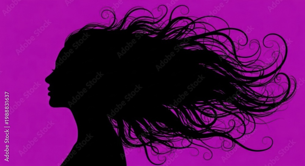 Naklejka premium A woman's silhouette in profile with long, flowing hair against a bright purple background