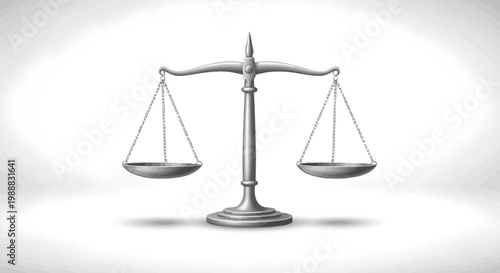Metallic scales of justice vector illustration, silver law balance symbol on white background, legal system and equality concept icon