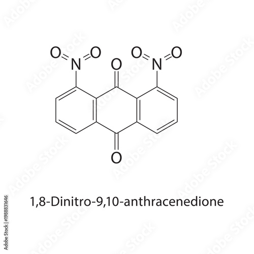 1,8-Dinitro-9,10-anthracenedione skeletal structure. quinone compound schematic illustration. Simple diagram, chemical formula.