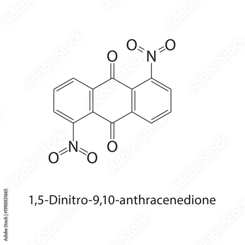 1,5-Dinitro-9,10-anthracenedione skeletal structure. quinone compound schematic illustration. Simple diagram, chemical formula.