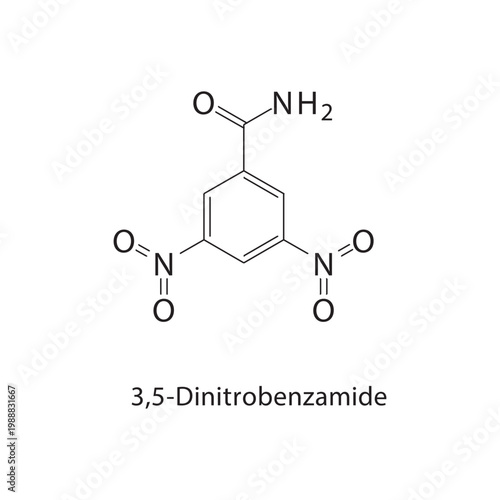 3,5-Dinitrobenzamide skeletal structure. amide compound schematic illustration. Simple diagram, chemical formula.