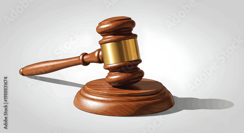 Polished wooden judge gavel and sound block, realistic 3D law gavel with gold metal band, legal justice symbol for courtroom and auction concepts