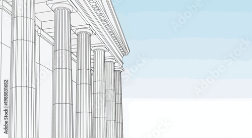 Classical Greek architecture columns vector, ancient Roman temple facade with marble pillars, courthouse or museum building exterior with blue sky background
