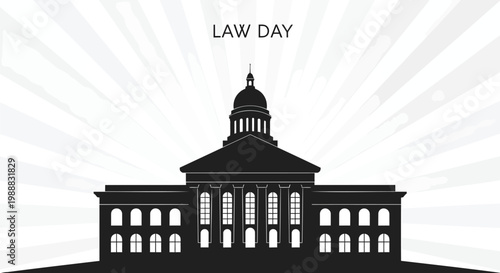 Law Day vector illustration with courthouse silhouette, government building icon on sunburst background, legal system and justice concept banner