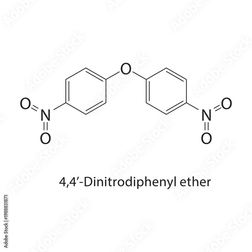 4,4’-Dinitrodiphenyl ether skeletal structure. ether compound schematic illustration. Simple diagram, chemical formula.