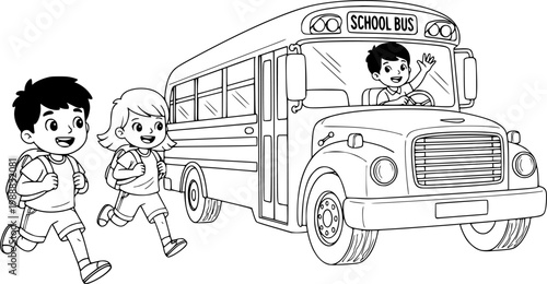 Vector linear illustration of happy children running to a school bus. Transparent EPS version.