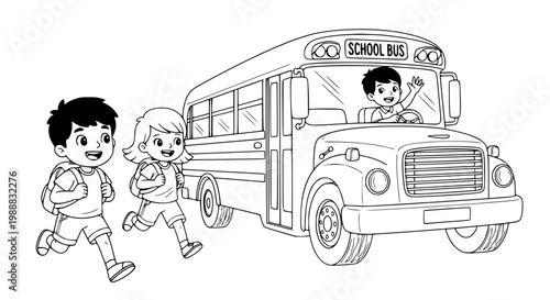 Vector linear illustration of happy children running to a school bus. Transparent SVG version.