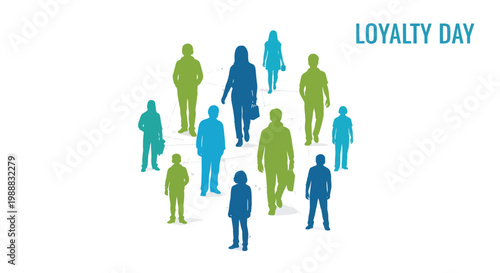 Loyalty Day celebration vector, diverse crowd of people silhouettes in blue and green, community and customer retention concept illustration