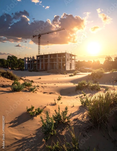 A sunlit scene of a building under construction on a sandy landscape with a crane. Lush greenery dots the dunes