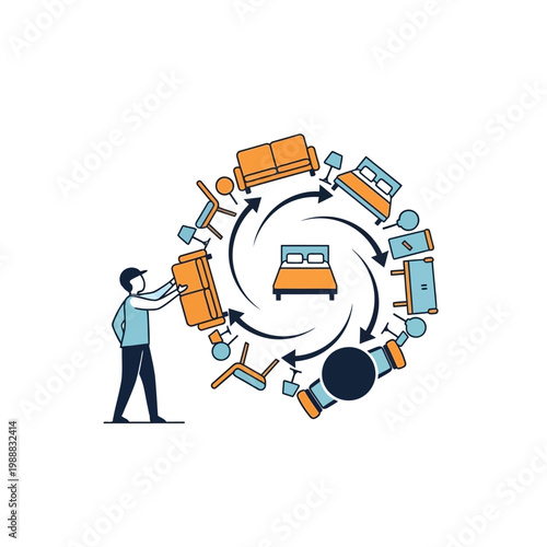 Circular flow of furniture with person arranging items.