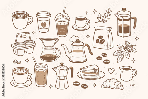 Hand Drawn Coffee Illustration Set with Latte Art Cups, Takeaway Mugs, French Press, Moka Pot, Kettle, Coffee Beans, Cake, Croissant, and Cafe Elements in a Minimalist Line Art Doodle Vector.