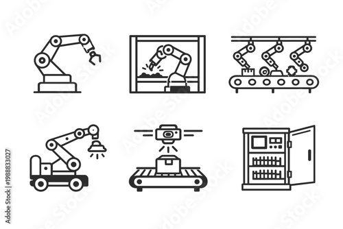 Industrial Robotics and Manufacturing Line Icon Set Featuring Automated Robot Arms, Welding Cells, Assembly Conveyor Belts, Manipulators, and Smart Factory Technology for Industry 4.0 Production