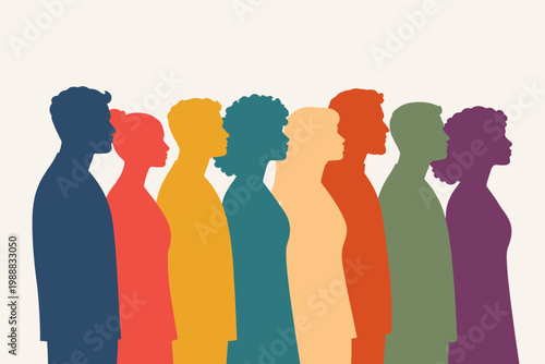 Diverse Group of People Silhouettes Standing in a Row Facing Right Side Profile, Flat Vector Illustration of Multi-Ethnic Men and Women Representing Inclusion, Equality, and Community Unity.
