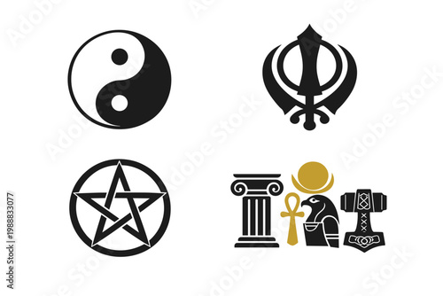 Set of Religious Symbols and Icons Featuring Taoism Yin Yang, Sikhism Khanda, Paganism Pentacle, and Polytheism Elements Like Ankh, Horus, Mjolnir, and Greek Column Simple Flat Vector Illustration