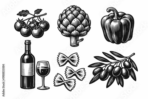 Vintage Woodcut Style Collection of Mediterranean Food Illustrations Featuring Cherry Tomatoes, Artichoke, Bell Pepper, Wine Bottle, Glass, Farfalle Pasta, and Olive Branch on White Background