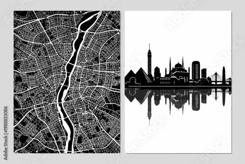 Set of Travel Posters for Cairo Egypt Featuring a Detailed Black and White Street Map with the Nile River and a Minimalist City Skyline Silhouette with Pyramids and Landmarks Vector Illustration