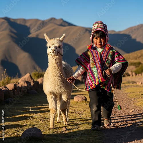 Child in traditional attire leads an alpaca along a mountain path at sunset