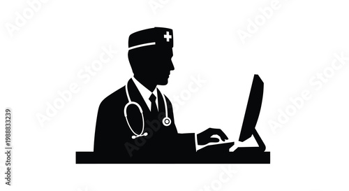 Doctor using a laptop healthcare technology and modern medicine silhouette