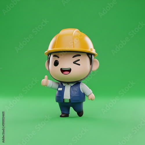 Cheerful cartoon construction worker in hard hat winks and gives thumbs up