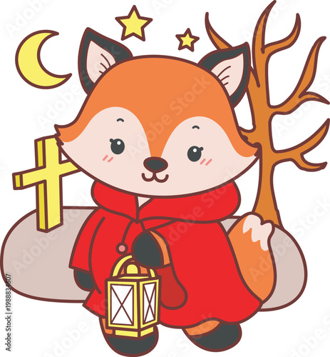 Cute set of Fox sticker with activity. Fox with variation of halloween theme