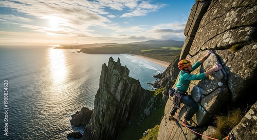 Climber scales jagged cliff face overlooking sunlit ocean and sandy beach