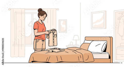 Woman folding clothes in a cozy bedroom, morning light, domestic chores
