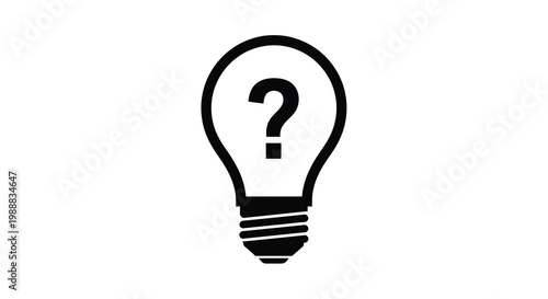 A simple black and white graphic depicts a lightbulb containing a black question mark high quality