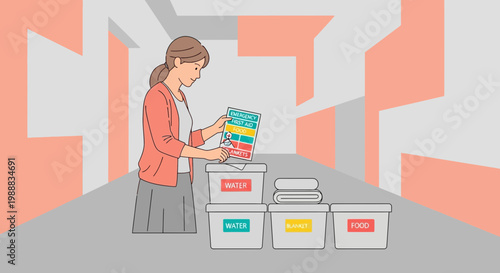 Woman organizing emergency supplies for disaster preparedness, survival kit