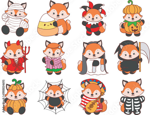 Cute set of Fox sticker with activity. Fox with variation of halloween theme