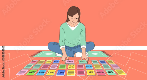 Woman sorting educational flashcards with school subjects on the floor