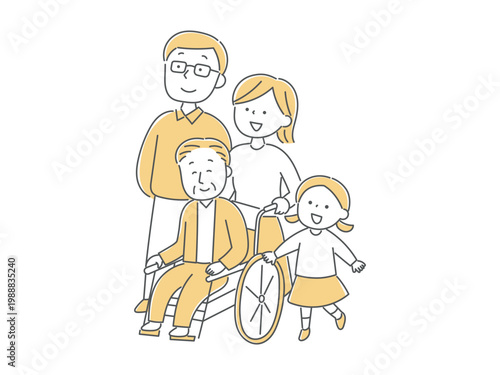笑顔で上を見上げる家族のイラスト単色