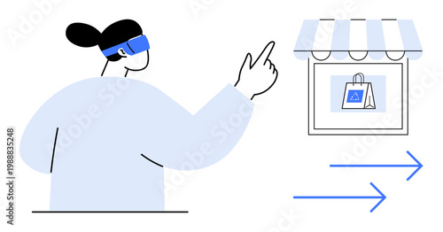 E-commerce, virtual experiences, digital retail, online transactions, futuristic shopping, technology trends. A person wearing VR goggles interacting with a digital storefront. E-commerce and virtual