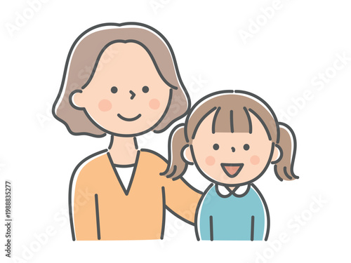 笑顔の母親と女の子の上半身イラスト