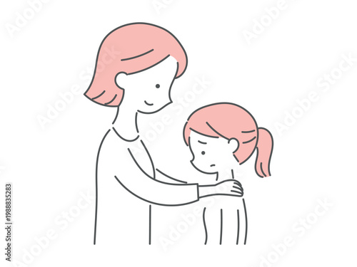 悩む女の子を母親が励ますイラスト単色