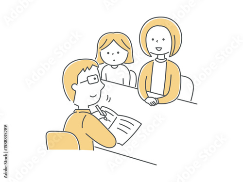 三者面談で相談をしている親子と男性教師単色