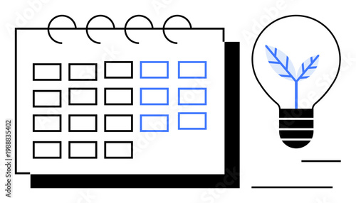 Sustainability, planning, innovation, productivity, eco-friendly concepts, scheduling. A calendar alongside a light bulb with plant design. Sustainability and planning visually