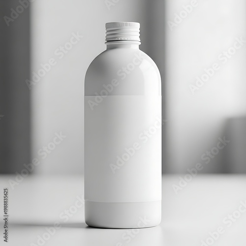 Clean white bottle with blank label against soft, abstract background