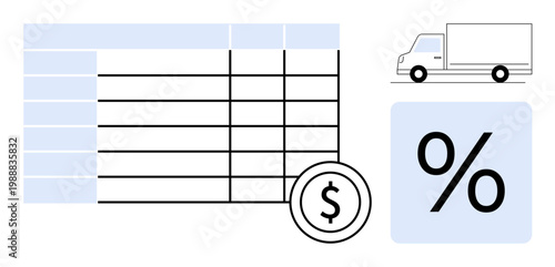 Business analysis, financial planning, logistics, supply chain, shipping costs, data visualization. Table, truck, dollar sign and percentage symbol logistics and financial planning