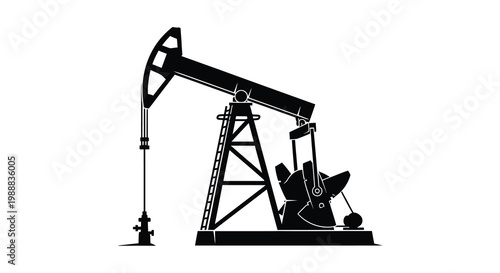 A stark black silhouette depicts a classic oil pump rig symbolizing energy extraction and industry