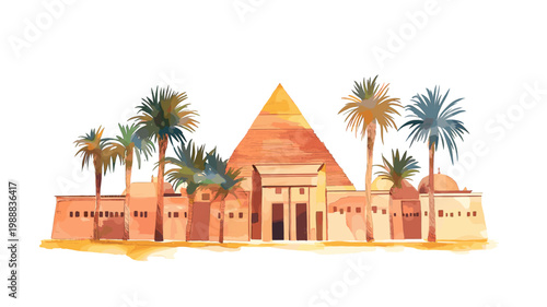 Egyptian Museum. Egyptian Museum hand drawn watercolor illustration on white background