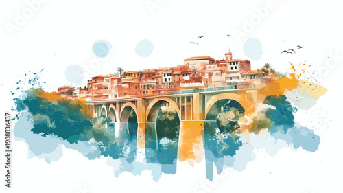 Constantine Bridge City. Constantine Bridge City hand drawn watercolor illustration on white background