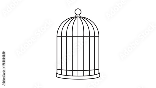 Minimalist Birdcage Vector Icon with Editable Stroke. A clean black line illustration of a tall domed bird cage on a white background, perfect for pet shop logos, animal care, and prison concepts.