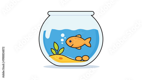 Goldfish in a Round Glass Fish Bowl Illustration, Modern Flat Vector Icon with Editable Stroke, Featuring Water, Sand, Aquatic Plant, and Bubbles, Isolated on White Background for Web and App Design