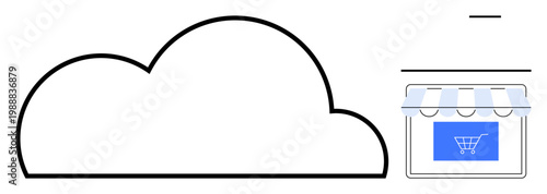 Cloud technology, online shopping, e-commerce platforms, data storage, digital transformation, virtual storefronts. Large cloud outline with an online storefront design a shopping icon. Cloud