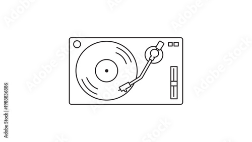 Photos Minimalist DJ Turntable and Vinyl Record Player Editable Stroke Vector Icon; Clean Black Line Art Illustration for Music, Audio Technology, and Retro Sound Equipment on a White Background