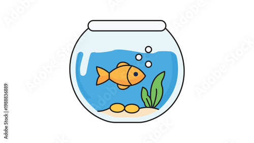Goldfish in a Round Glass Fish Bowl Vector Icon with Editable Stroke. Modern Flat Illustration of an Orange Fish Swimming in an Aquarium with Water, Bubbles, Plant, and Stones. Scalable Design.