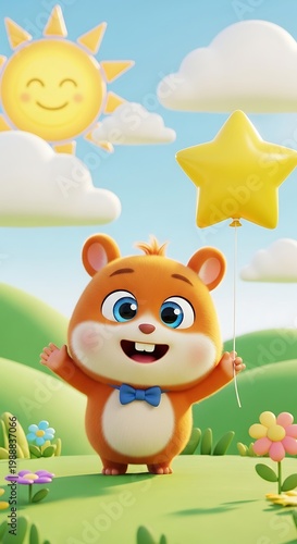 Cheerful cartoon hamster holding a star balloon in a sunny meadow